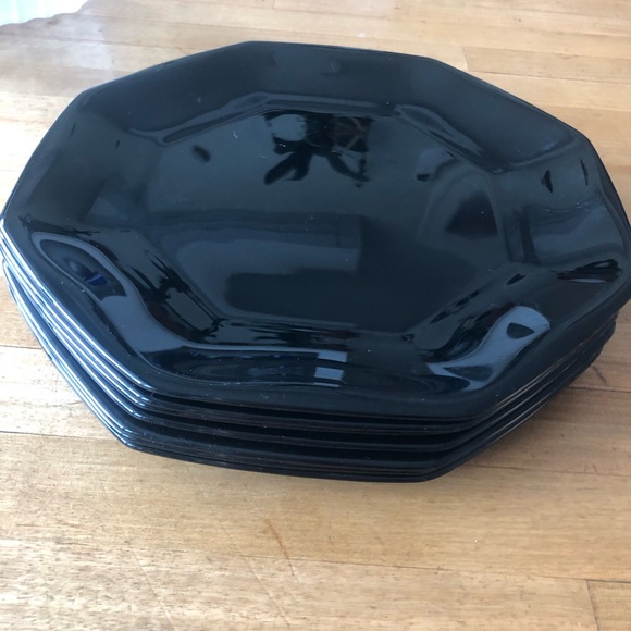 Set of 7 Vintage Arcoroc Black Glass Octagon 7 1/2" Salad Dessert Plates France - Picture 2 of 7